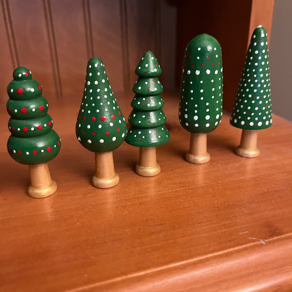 Handpainted Dot Painted Set of Five Green and White Trees